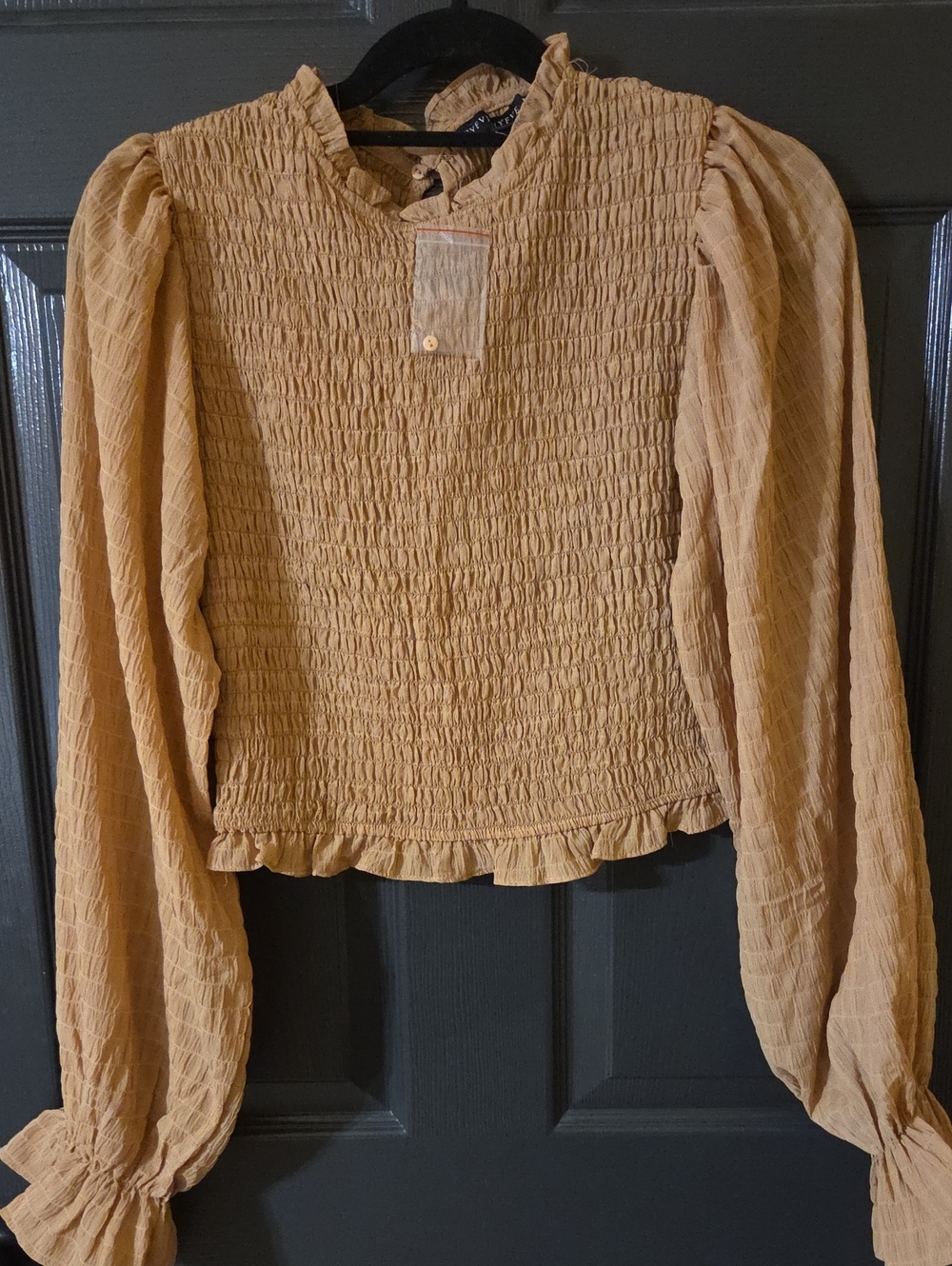 HYFVE Mustard Smocked Peasant Blouse with Balloon Sleeves